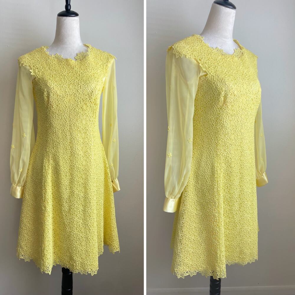 Vintage 60s 70s Yellow Crochet Lace Sheer Sleeve Dress